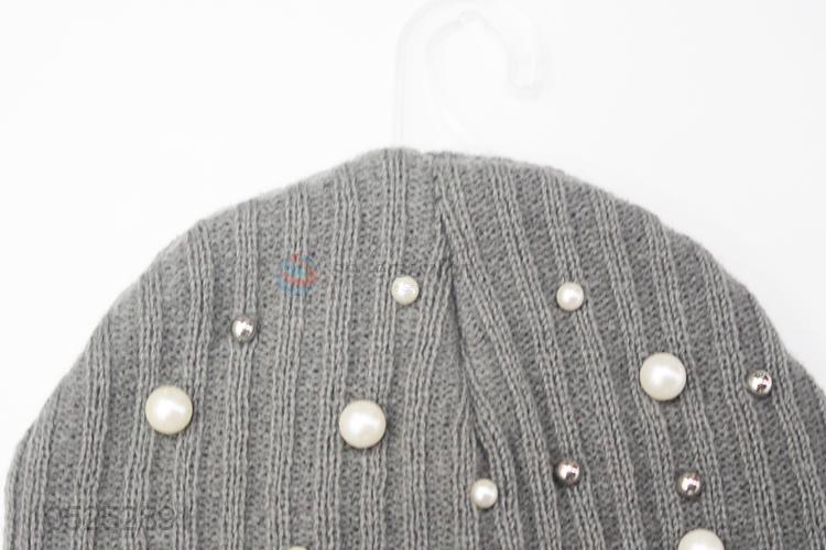 Factory promotional gray fashion women knitted cap with pearls