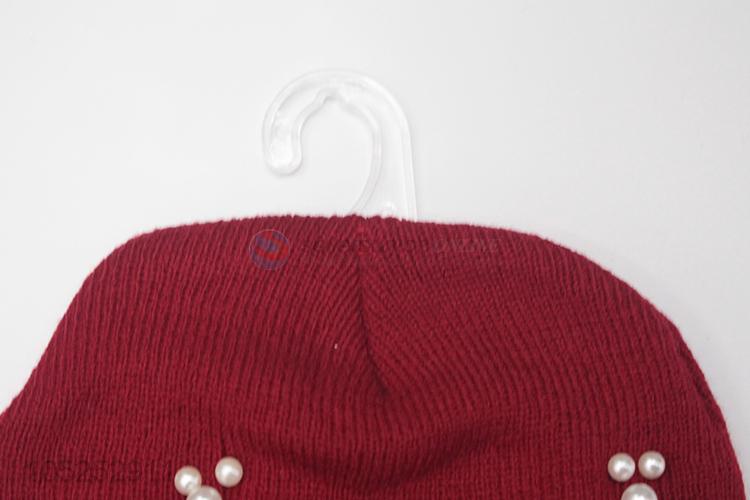 Bottom price red beautiful women knitted cap with pearls1