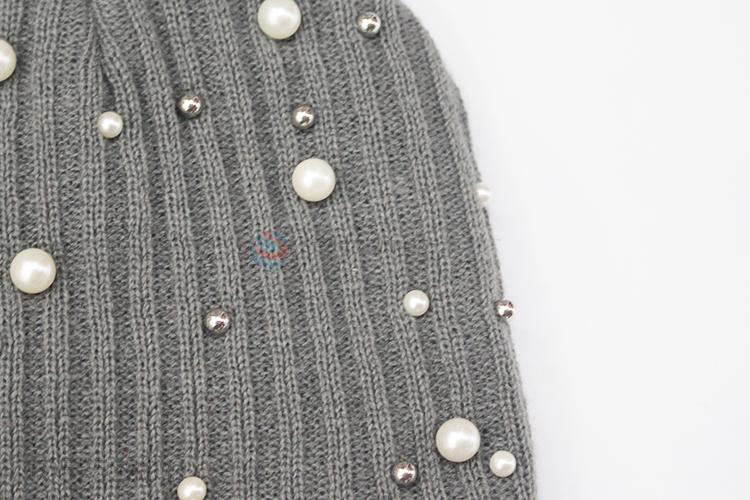 Factory promotional gray fashion women knitted cap with pearls