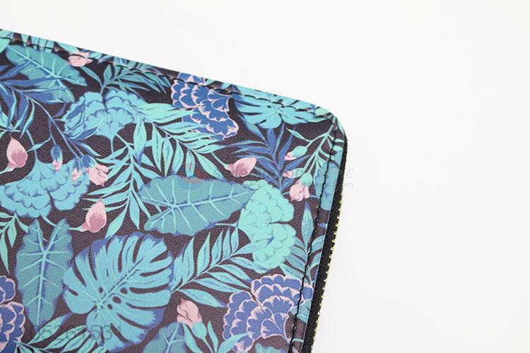 Women Blue Color Flower Pattern Clutch Bag Ladies PU Leather Wallet