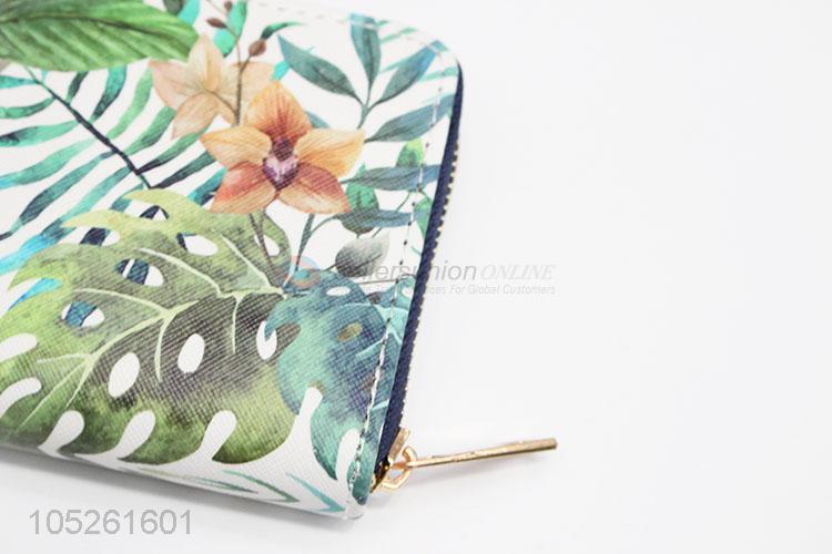 Beautiful Flower Printed Blocking PU Leather Woman Long Wallet