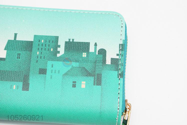 Green Color House Printed Card Holder Long Purse Large Capacity Women Wallet