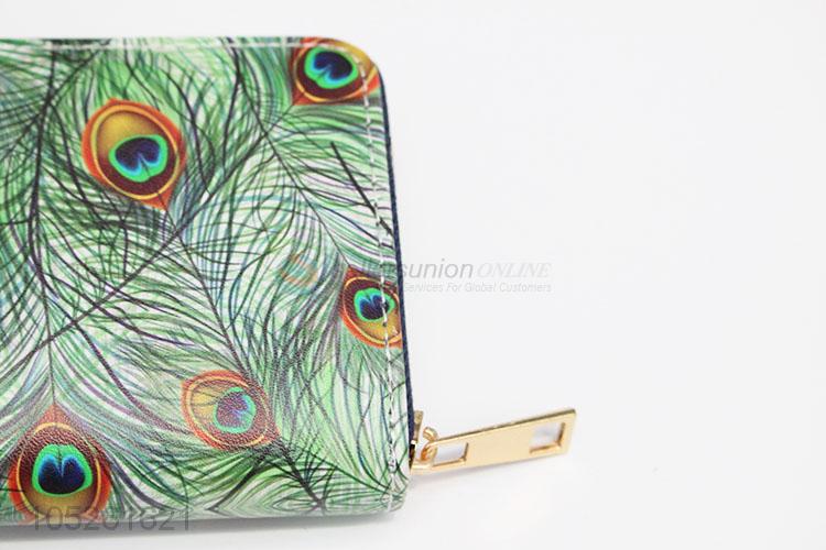 Portable Purse PU Leather Casual Lady Peacock Feather Pattern Cash Wallet