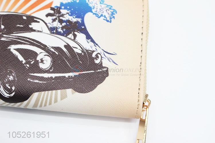 Luxury PU Leather Vintage Car Printed Clutch Purse Wallet for Women