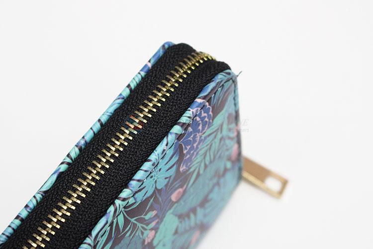 Women Blue Color Flower Pattern Clutch Bag Ladies PU Leather Wallet