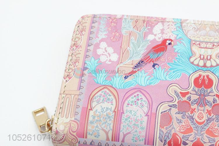 Luxury Women Zipped Cheap PU Leather Cartoon Brid Pattern Long Wallet