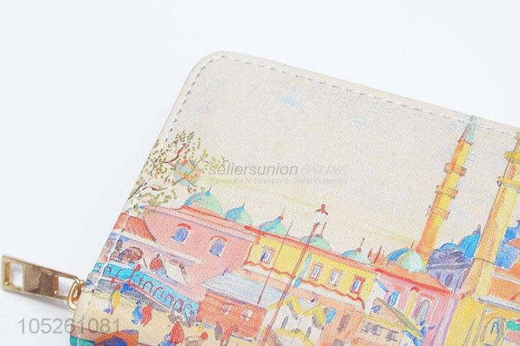 Fashion Designer PU Leather Colorful Building Printed Women Wallet