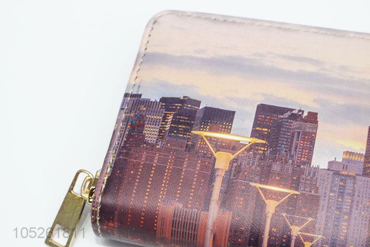 Famous Building Pattern Women Short PU Leather Long Wallet