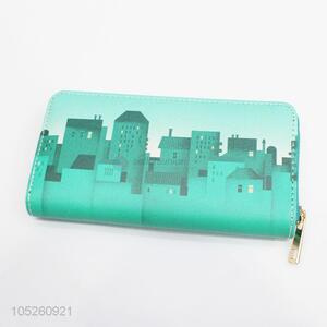 Green Color House Printed Card Holder Long Purse Large Capacity Women Wallet