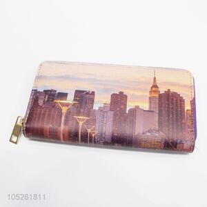 Famous Building Pattern Women Short PU Leather Long Wallet