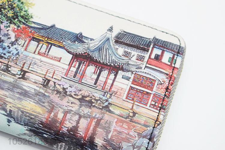 Fancy Chinese Building Pattern Hand Purse Long Clutch Purse Woman