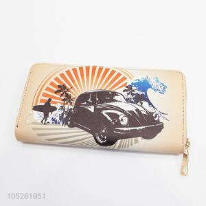 Luxury PU Leather Vintage Car Printed Clutch Purse Wallet for Women