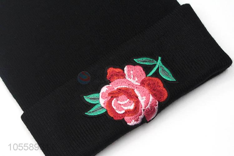 Delicate Design Rose Embroidery Knitted Hat Cuff Beanie