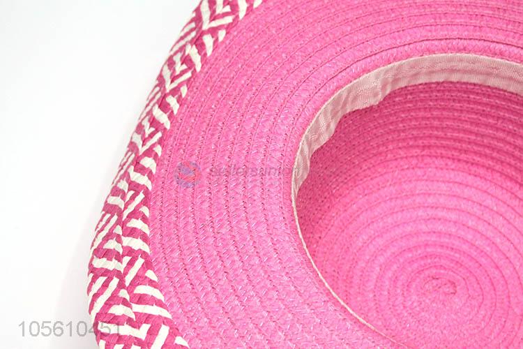 Elegant fushcia women summer beach straw hat wide brim cap