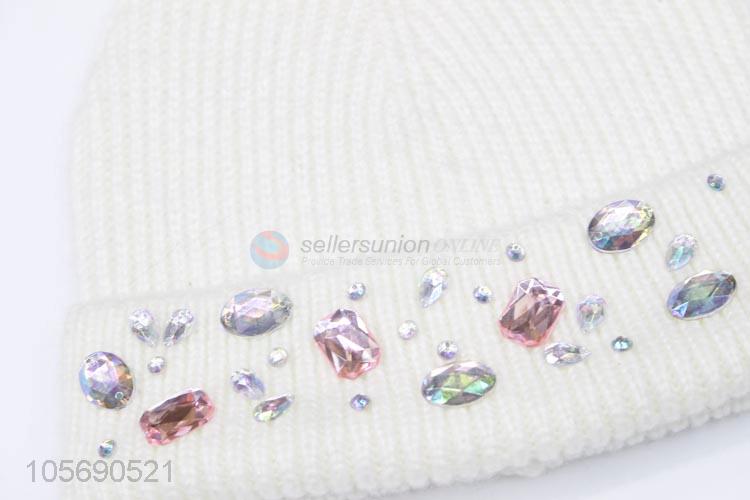 Cheap Professional Whire Winter Warm Knitting Hat with Rhinestone