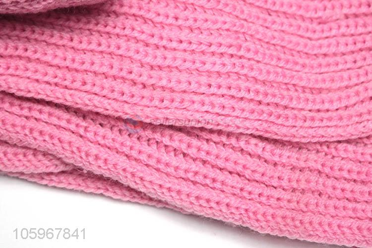 Top selling winter lady pink color knitted scarf and hat set with flower decorations