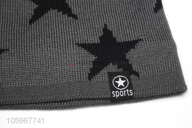 Chinese factories pentagram pattern winter plus velvet thick knitted beanie hat