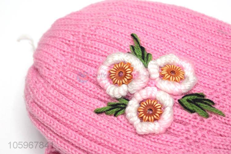 Top selling winter lady pink color knitted scarf and hat set with flower decorations