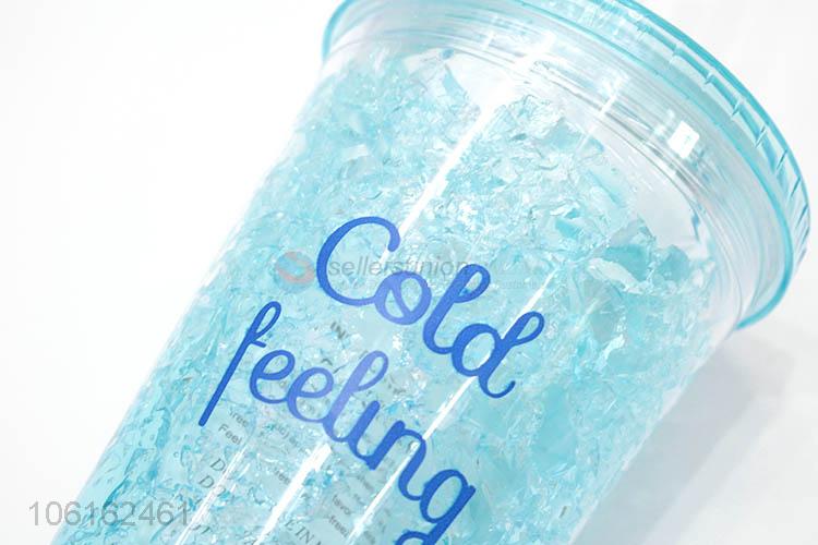 Good quality creative summer double-layer water cooling cup with straw