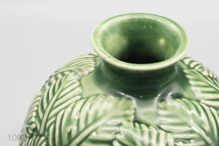 Good price leaf embossment design green porcelain vase