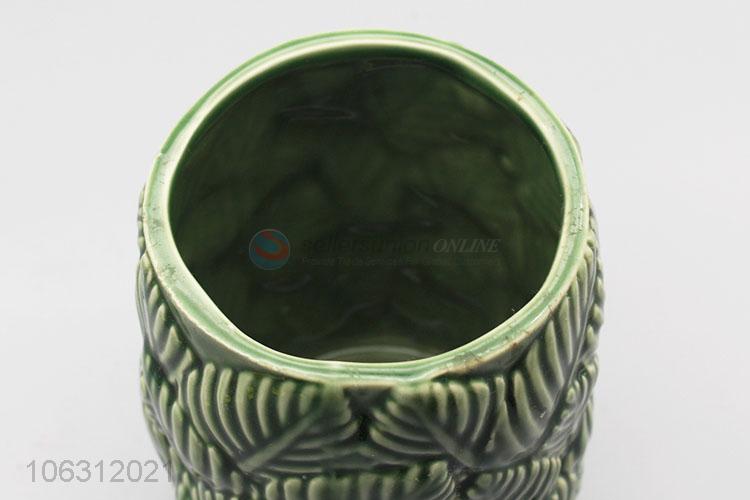 Factory price leaf embossed design green ceramic vase