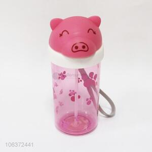 Cute Pig Design Plastic Water Bottle With Straw