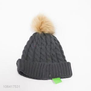 Promotional cheap women winter warm knitted hat with hair bulb