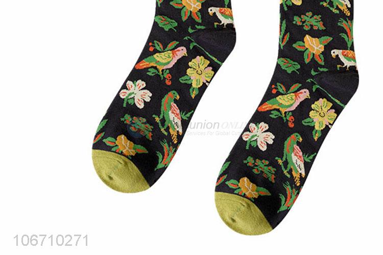 Custom Flowers Birds Pattern Cotton Socks Mid-Calf Length Sock