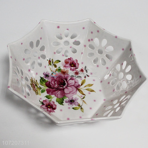 Best selling flower printed hollowed-out melamine fruit plate for decoration