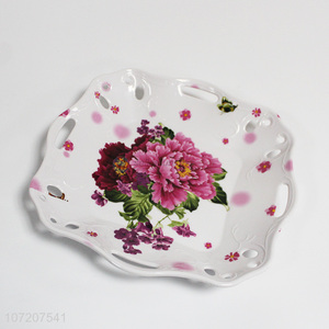 Good quality flower printed hollowed-out melamine fruit plate for decoration
