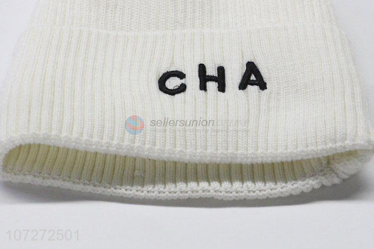 Hot selling ladies winter knitted hat letters embroidered beanie hat