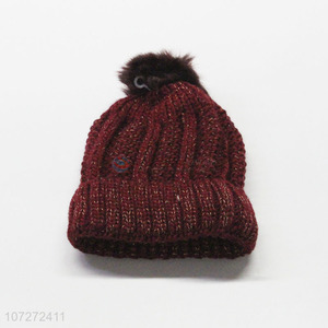 Hot sale women winter fleece beanie hat knitted hat with pompom
