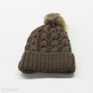 Latest style ladies winter knitted hat fleece beanie hat with hair bulb