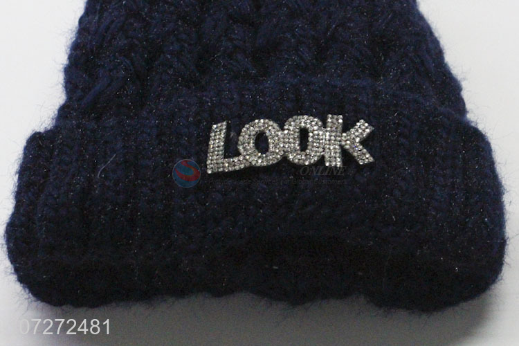 Best sale ladies winter knitted hat fleece beanie hat with shiny stones