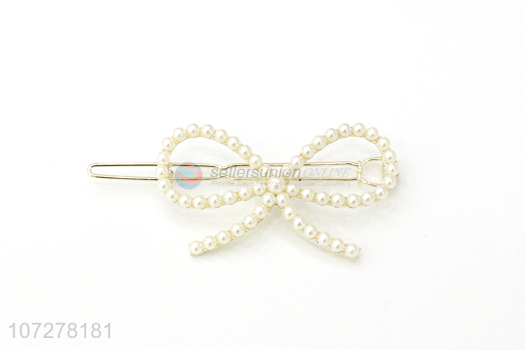 Good Quality Bowknot Shape Pearls Hairpin Frog Buckle Clip