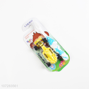 Unique design children cartoon toothbrush with 4-wheel racing car toy