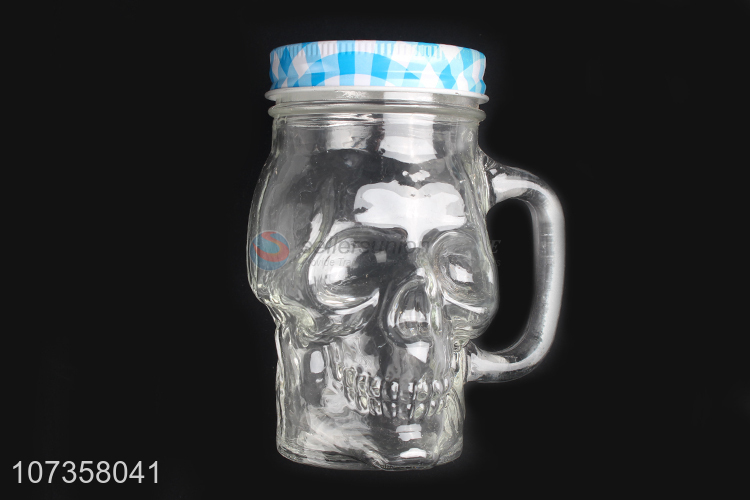 Latest style skull shape glass juice cup with straw & lid