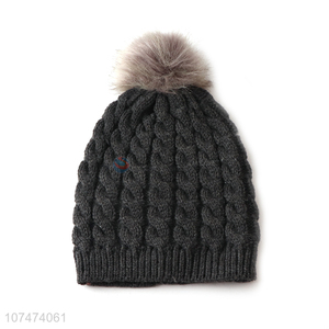 Hot sale black ladies cute winter fur ball cold-proof knitted hat