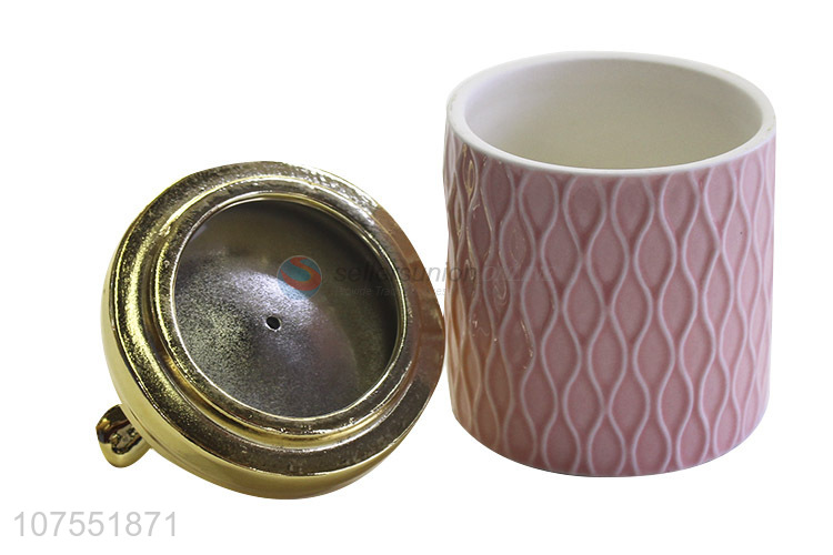 Factory Sell Pink Ceramic Storage Jar With Gold Bird Ceramic Lid