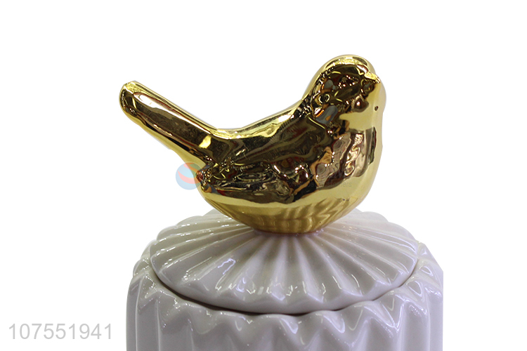 Competitive Price Ceramic Storage Jar With Gold Bird Decoration Lid