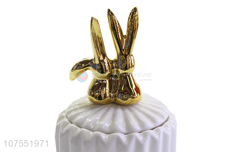 Top Selling Ceramic Storage Jar With Two Gold Rabbit Ceramic Lid