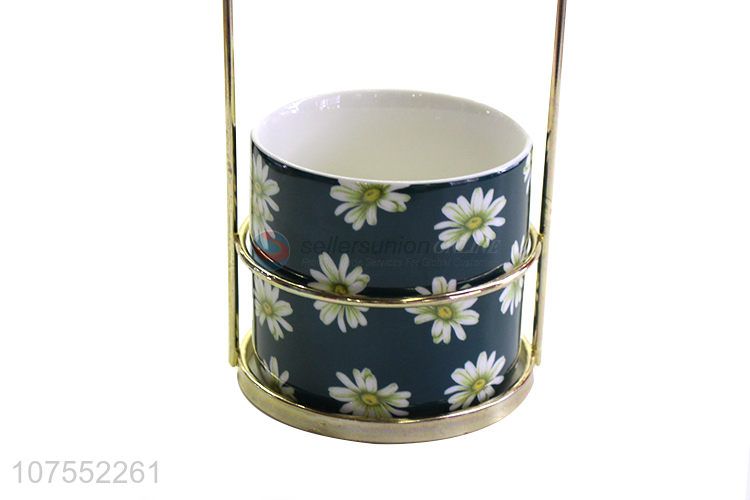 Fashion Home Decoration Ceramic Flowerpot With Gold Bowknot Iron Rack