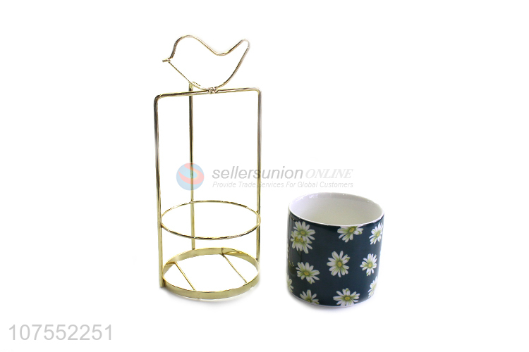 Contracted Design Gold Bird Iron Rack Ceramic Flowerpot For Home Decor