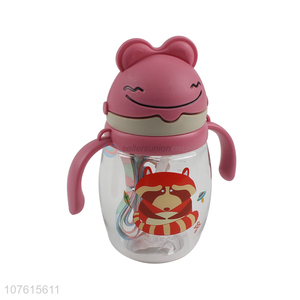 Hot selling cartoon children plastic water bottle with handles & straw