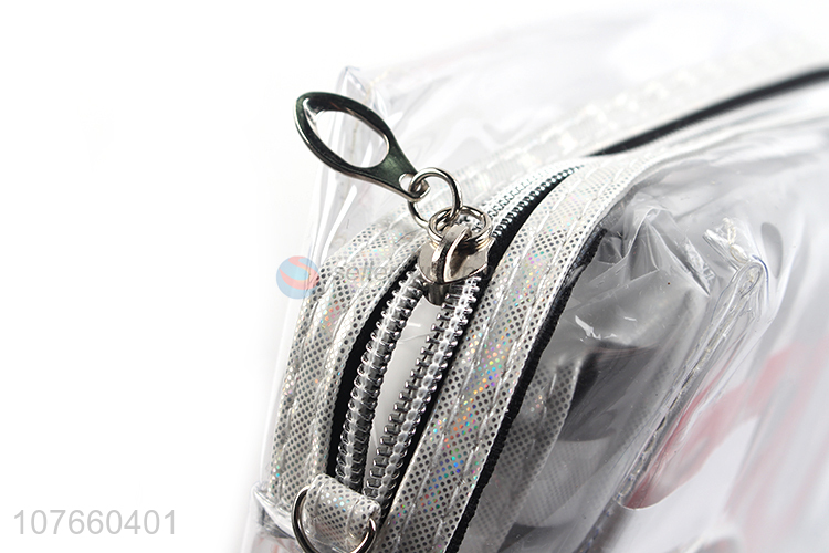 Hot sale personalized black stripe cosmetic bag with frosted detachable hand strap