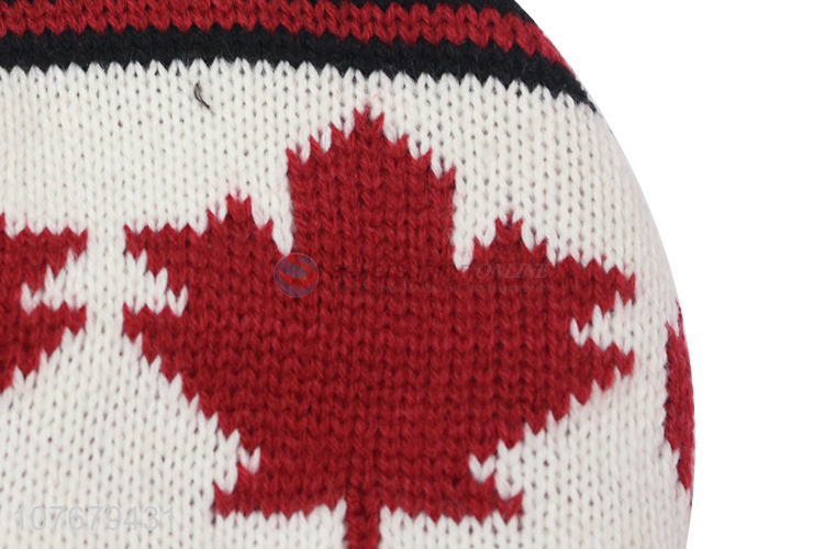 New Design Maple Leaf Pattern Knitted Beanie Hat For Ladies