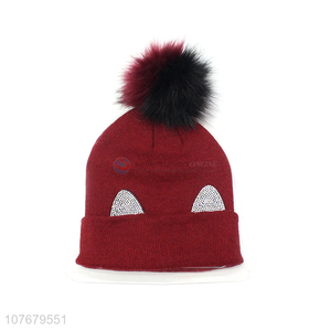 Cute Design Fur Ball Winter Hat Ladies Knitted Beanie Hat