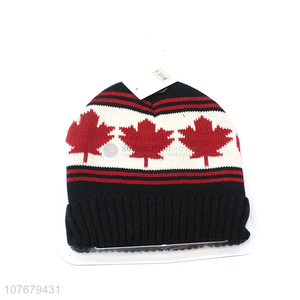 New Design Maple Leaf Pattern Knitted Beanie Hat For Ladies