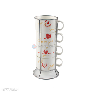 New design glaze ceramic cup set stackable heart ceramic milk cup set