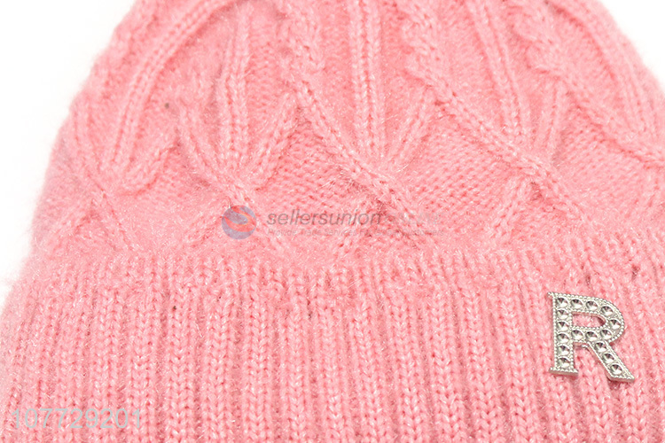 Wholesale autumn winter ladies hat knitted cap pompom hat with fleece lining